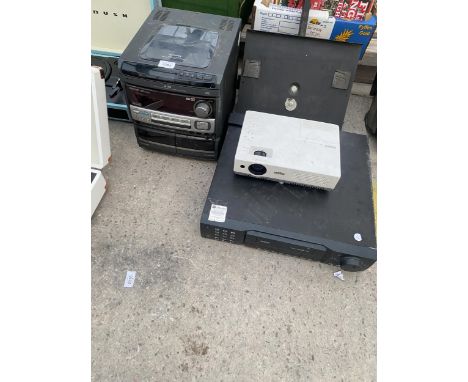 AN ASSORTMENT OF ITEMS TO INCLUDE AN AIWA STEREO SYSTEM AND A PROJECTOR ETC