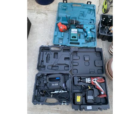 THREE CASED POWER TOOLS TO INCLUDE AN XTREME DRILL AND A MAKITA DRILL ETC
