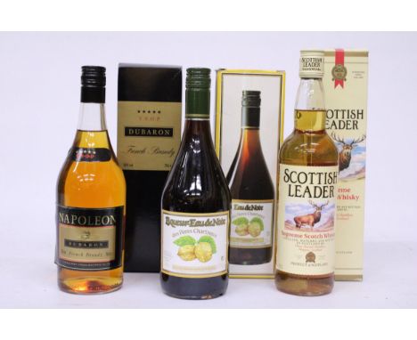 A BOXED 70CL BOTTLE OF V.S.O.P DUBARON FRENCH BRANDY TOGETHER WITH A BOXED 70 CL BOTTLE OF SCOTTISH LEADER SUPREME SCOTCH WHI