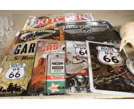 SEVEN METAL ADVERTISING SIGNS TO INCLUDE ROUTE 66 AND HARLEY-DAVIDSON