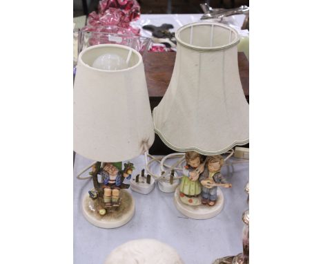 A PAIR OF GOEBEL HUMMEL TABLE LAMPS - APPLE TREE BOY AND HAPPY DAYS