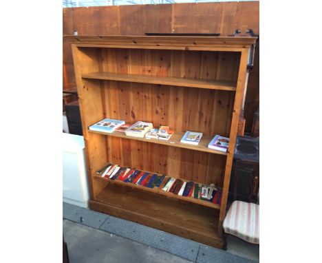 A PINE FOUR TIER OPEN DISPLAY SHELF UNIT, 60" WIDE TOGETHER WITH A QUANTITY OF BOOKS AND BOOKMARKS