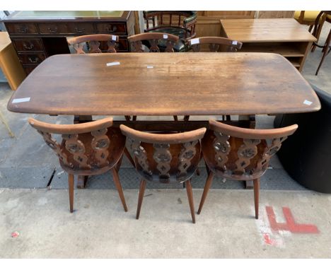AN ERCOL ELM REFECTORY STYLE DINING TABLE, 71" X 31" AND SIX BLUE LABEL FLEUR DE LYS DINING CHAIRS