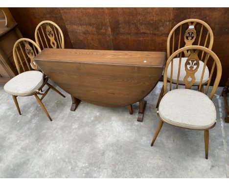 AN ERCOL OVAL DINING TABLE, 54" X 50" OPENED AND FOUR PLUME OF FEATHERS DINING CHAIRS