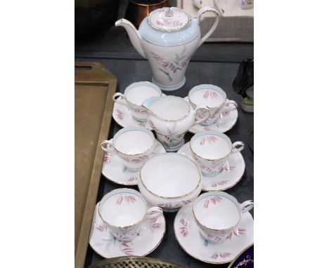 A VINTAGE AYNSLEY COFFEE SET TO INCLUDE A COFFEE POT, CREAM JUG, SUGAR BOWL AND SIX CUPS AND SAUCERS