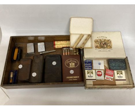 A LARGE ASSORTMANT OF VINTAGE TOBACCO ITEMS TO INCLUDE TWO LEATHER CIGAR CASES, A CIGARETTE CASE, TWO ZIPPO LIGHTER ONE CIV, 
