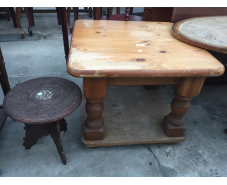 A PINE LAMP TABLE AND CARVED HARDWOOD INDIAN TABLE 12" DIAMETER