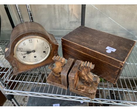 A VINTAGE WOODEN BOX, A PAIR OF BOOK ENDS AND A WESTMINISTER CHIMING MANTLE CLOCK