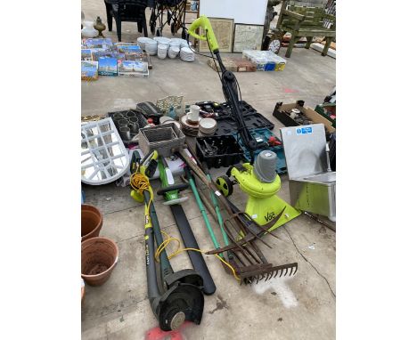 AN ASSORTMENT OF TOOLS TO INCLIUDE AN ELECTRIC GARDEN VAC, ELECTRIC STRIMMERS AND FORKS ETC