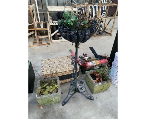 TWO CONCRETE PLANTERS AND A METAL PLANTER ON STAND