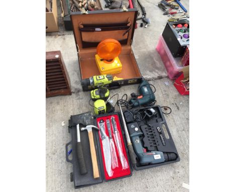 AN ASSORTMENT OF ITEMS TO INCLUDE A RYOBI BATTERY DRILL, A ROADWORKS LIGHT AND A BRIEFCASE ETC