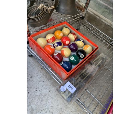 A SET OF POOL BALLS AND A SNOOKER SCORE BOARD