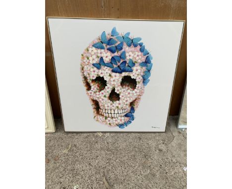 A 40" SQUARE BUTTERFLY, SKULL AND FLOWER PAINTING