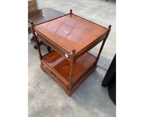 A YEW WOOD TWO TIER LAMP TABLE WITH SINGLE DRAWER TO BASE AND TURNED UPRIGHTS