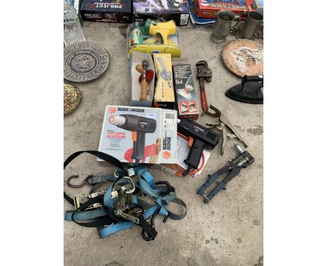 AN ASSORTMENT OF TOOLS TO INCLUDE STILSENS, A BLACK AND DECKER HEAT GUN, A BRACE DRILL AND A MIRICLE GROW KIT ETC