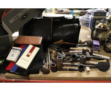 A COLLECTION OF VINTAGE SMOKERS PIPES TO INCLUDE A HALLMARKED K &amp; P PETERSONS, A CLOG SHAPED MARKED  'BRUGES', OLD CIGARS