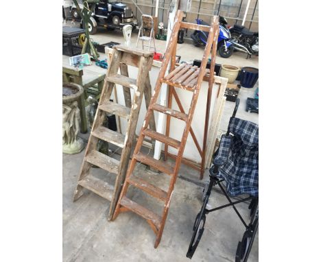 TWO VINTAGE WOODEN FIVE RUNG STEP LADDERS