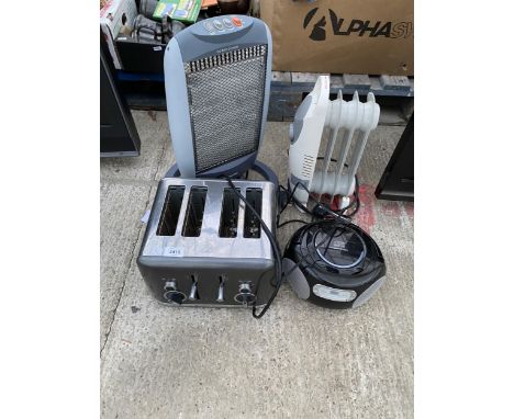 AN ASSORTMENT OF ITEMS TO INCLUDE A TOASTER, TWO HEATERS AND A CD PLAYER