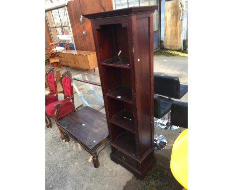 A HARDWOOD FOUR TIER OPEN DISPLAY SHELF UNIT WITH DRAWER TO BASE, 22" WIDE