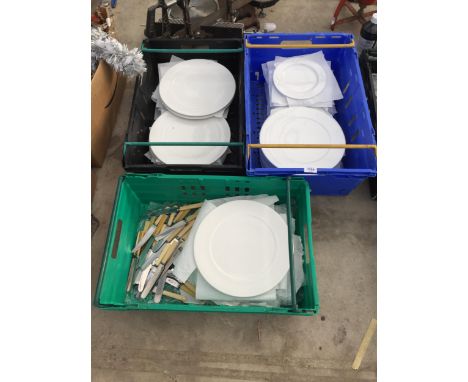 THREE CRATES OF WHITE CERAMIC PLATES AND VARIOUS BUTTER KNIVES