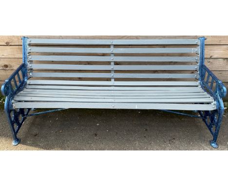A late Victorian cast iron garden bench, scroll hand rests, 82.5cm high, 193cm wide**Please note that some of the lots in thi