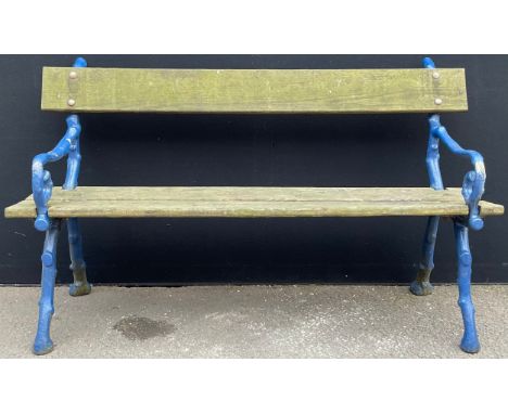 A cast iron and wood garden bench, branch effect scroll arms, now painted blue length 145.5cm height 85cm**Please note that s