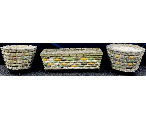 A pair of composite tapering cylindrical planters;  a similar rectangular planter**Please note that some of the lots in this 