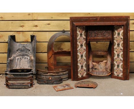 Architectural Salvage - a Victorian cast iron tiled fire surround, 92cm high, 81.5cm wide, cast iron fittings; etc**Please no