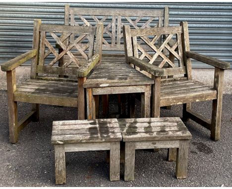 A garden bench, two side chairs with central table;  two low tables**Please note that some of the lots in this auction are he