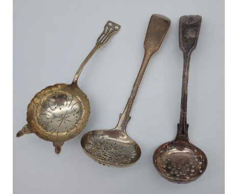 Birmingham silver tea strainer, Victorian London ladle with pierced scoop area and a plated ladle [92.15grams-silver] 