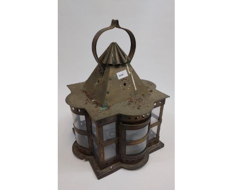 An antique Turkish style hanging lantern. Of square form with projecting demi lune sections, rivetted in coper. 