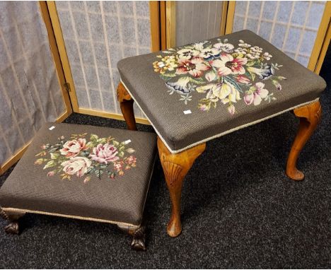 Antique lightwood stool, padded rectangular seat covered in a tapestry upholstery with braided trim supported on cabriole leg