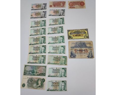 A Collection of vintage bank notes to include £5, £1 bank notes, Also includes The royal bank of Scotland one pound note date