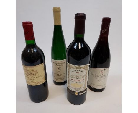 Four vintage bottlings of red wine, Chateau Belfort Medoc 1989, Nahe 2000 Silvaner, Amarande Bordeaux 2005 and Gevrey- Chambe