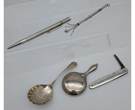 A Lot of silver and white metal items, Includes London silver pen knife [as found], Sterling silver swivel stick, Sheffield s