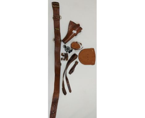Antique leather gun holster, Compass with mother of pearl insert with travel case, Military buttons and leather belt. 