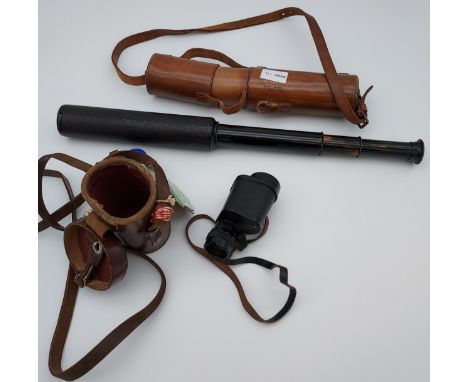 A Three pull scope by R. Burness Lovat Scouts with leather carry case together with a single monocular by Barr &amp; Stroud. 