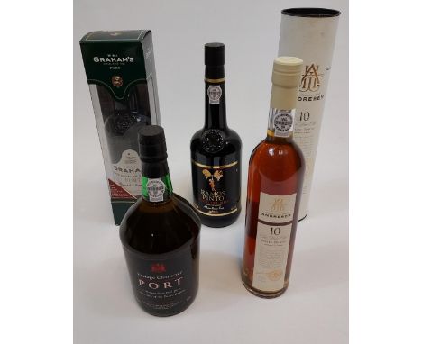 Four bottlings of Port/ Porto. Includes Graham, Ramos Pinto, Vintage Character and Andresen 10 year old. 