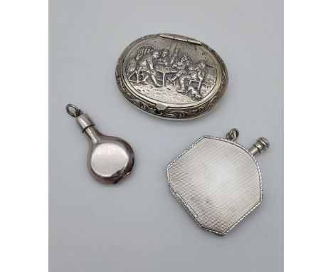 Silver 925 art deco design flint striker, 925 silver scent bottle and 825 Dutch silver snuff box. 