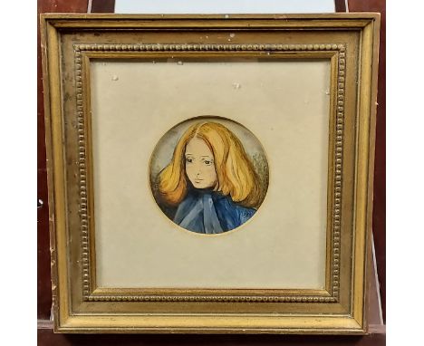 Lin Bournewatercolour portrait of a young girl. signed. [Frame 26x26cm] 