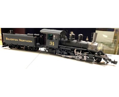 A G scale electric American Silverton Northern 2-8-0 locomotive no.34 and tender in polystyrene case