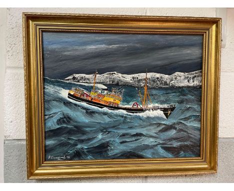 A modern oil painting on board of a trawler in rough seas signed R Boskcomb 98, 39cms x 49cm