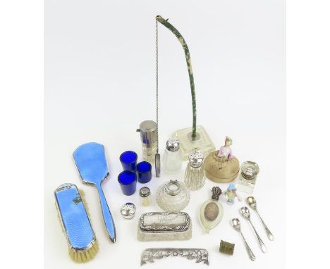 A collection of silver topped cruet sets, part silver and enamel back dressing table set, a silver pencil on stand and other 