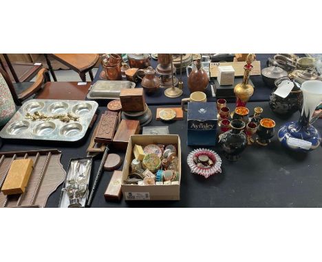 A quantity of assorted items including a “Clarke” tin whistle; gilded ruby glass decanter and glasses, plated spoons, weights