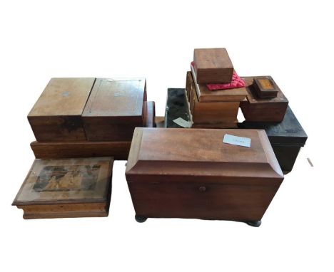 A 19th century mahogany sarcophagus shape tea caddy, along with various other boxes 