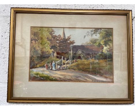 Leila K Williamson, early 20th century, children leaving church, watercolour heightened with white, signed, 17cm x 25.5cm  