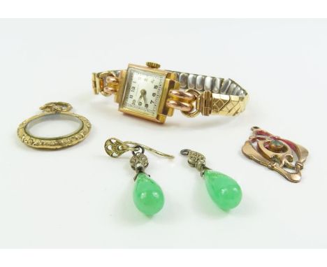 A pair of jade and diamond drop earrings; a lady’s Emka Watch, in a 9 carat gold case, on an expanding bracelet; with a Victo