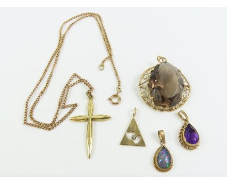 A smoky quartz pendant; an amethyst pendant; an opal triplet pendant; a single cut diamond pendant; and a cross on a chain; 1