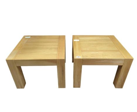 A pair of modern light oak square low tables on square supports, 40cm high 55cm x 55cm