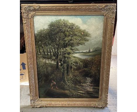 R Conolley – Boy on a riverbank with trees behind and church steeple in the distance, oil on canvas, signed and dated 1889, 6